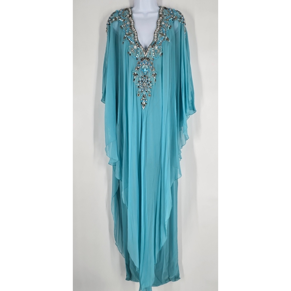 Marchesa Couture Aqua Blue Embellished Neckline Chiffon Caftan Gown No Size